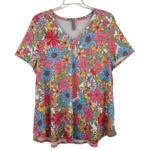 Honeyme Curvy Retro Mod Floral Tunic Tee Top V-Neck Short Sleeve